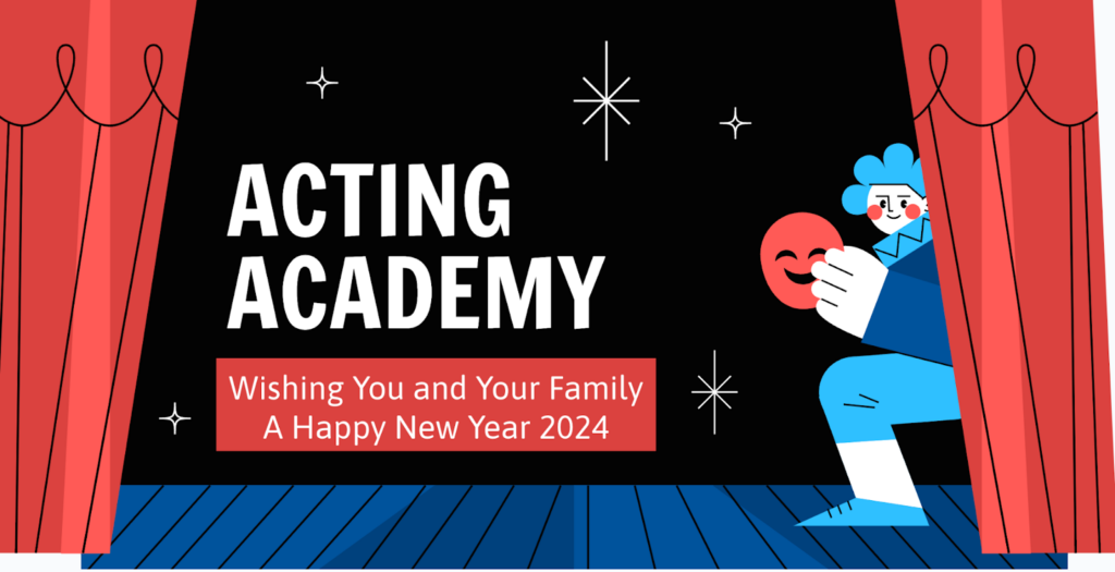Examples of a presentation design with New Year wishes for an acting school.