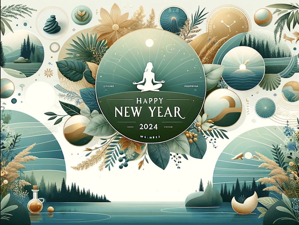 Examples of a presentation design with New Year wishes for a wellness event.