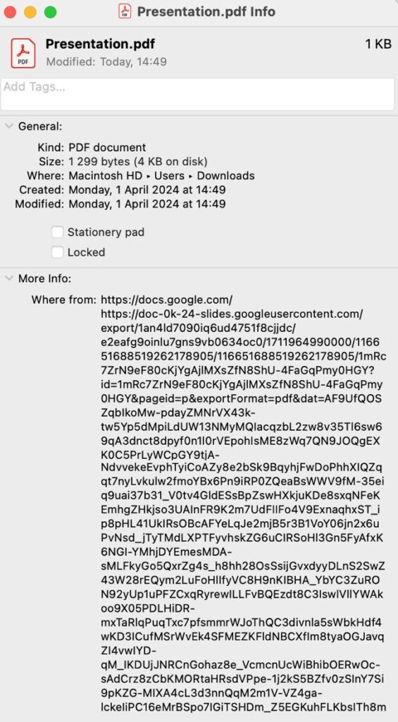 How to remove ugly lengthy URL from file properties in Google Slides PDFs