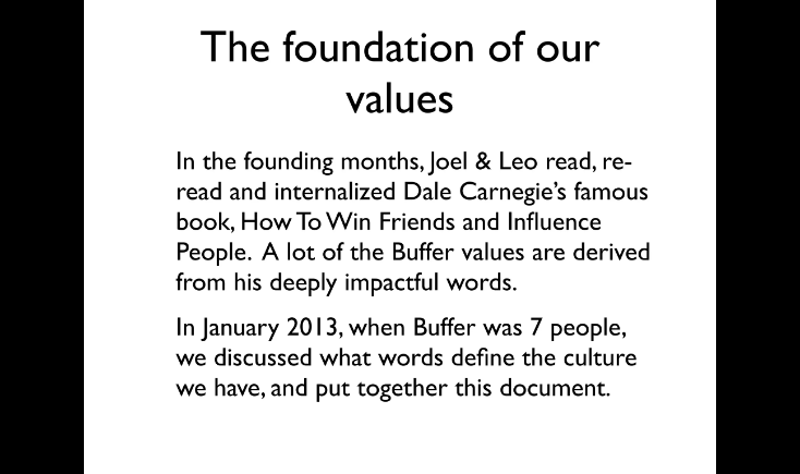 Buffer's presentation explains how the company leaders came to the values included in the Culture Code.