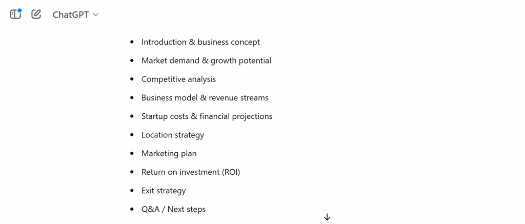 The same ChatGPT request with the target audience being a group of investors provides