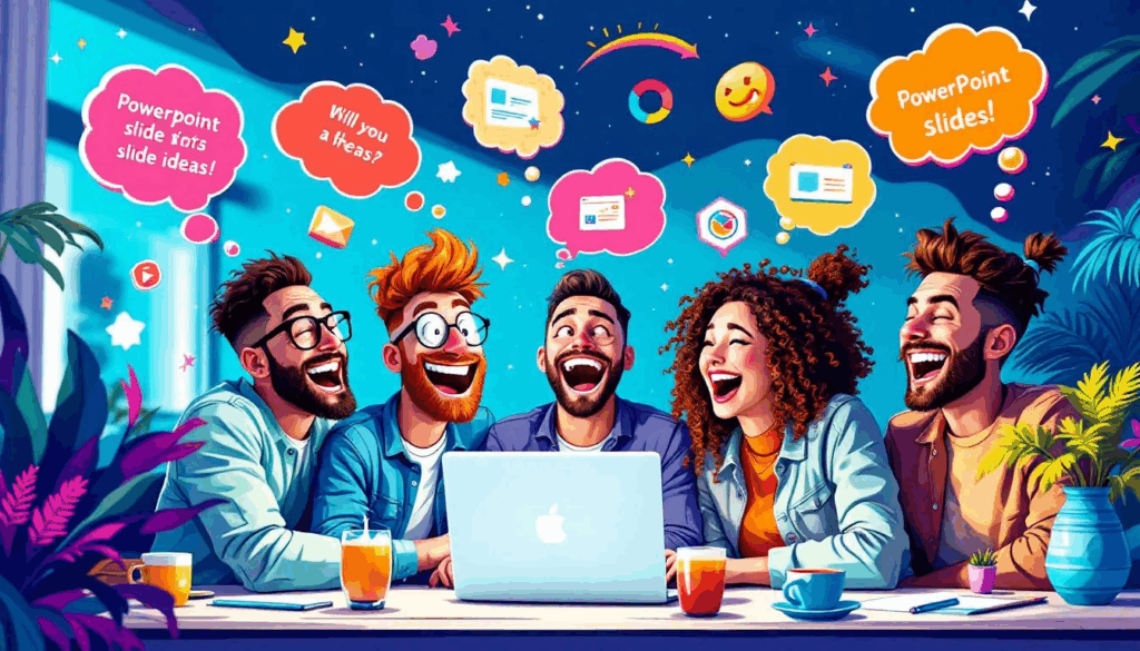 A group of friends sharing funny PowerPoint night ideas.