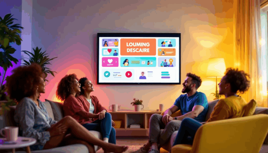 An engaging PowerPoint night setup with friends enjoying presentations.