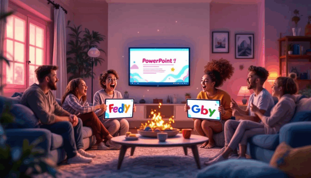 A family enjoying a PowerPoint night with creative presentations.