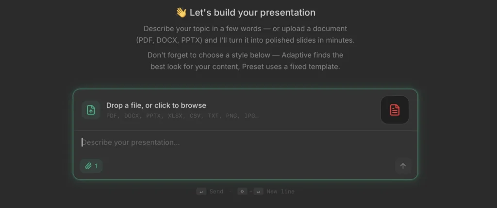 Wonderslide start screen with a PDF attached to the upload box and an empty prompt field