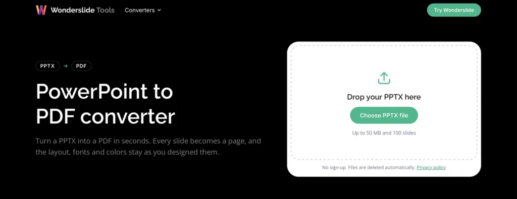 Wonderslide Tools page: PowerPoint to PDF converter with a PPTX upload box